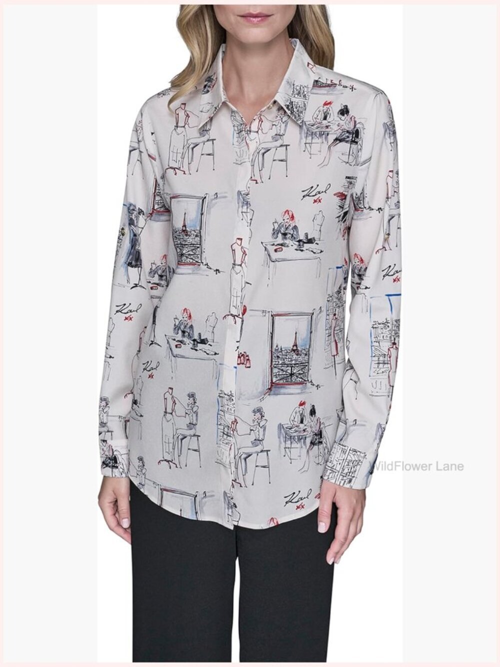 Whimsical Paris Scene Blouse - Cap Sleeve Relaxed Fit